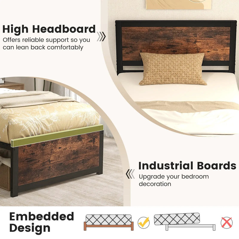 Twin Size Bed Frame Metal with High Headboard and Mute Bars-Twin Size by DirectDeals