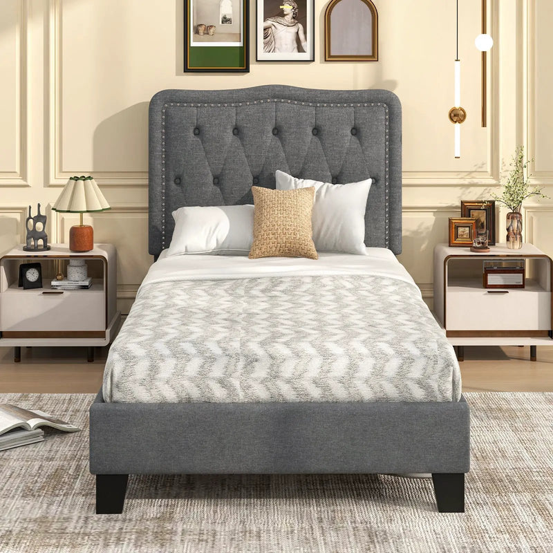 Twin Size Bed Frame with 46 Inch Tall Button Tufted Headboard-Gray by DirectDeals