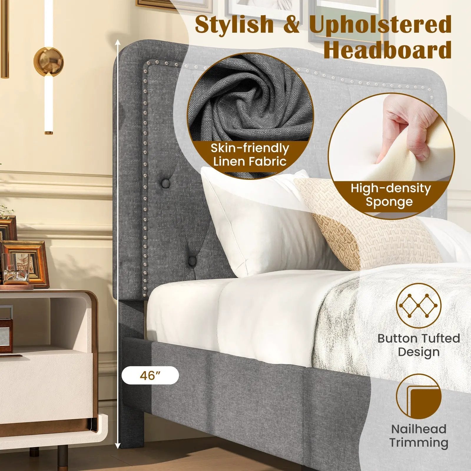 Twin Size Bed Frame with 46 Inch Tall Button Tufted Headboard-Gray by DirectDeals