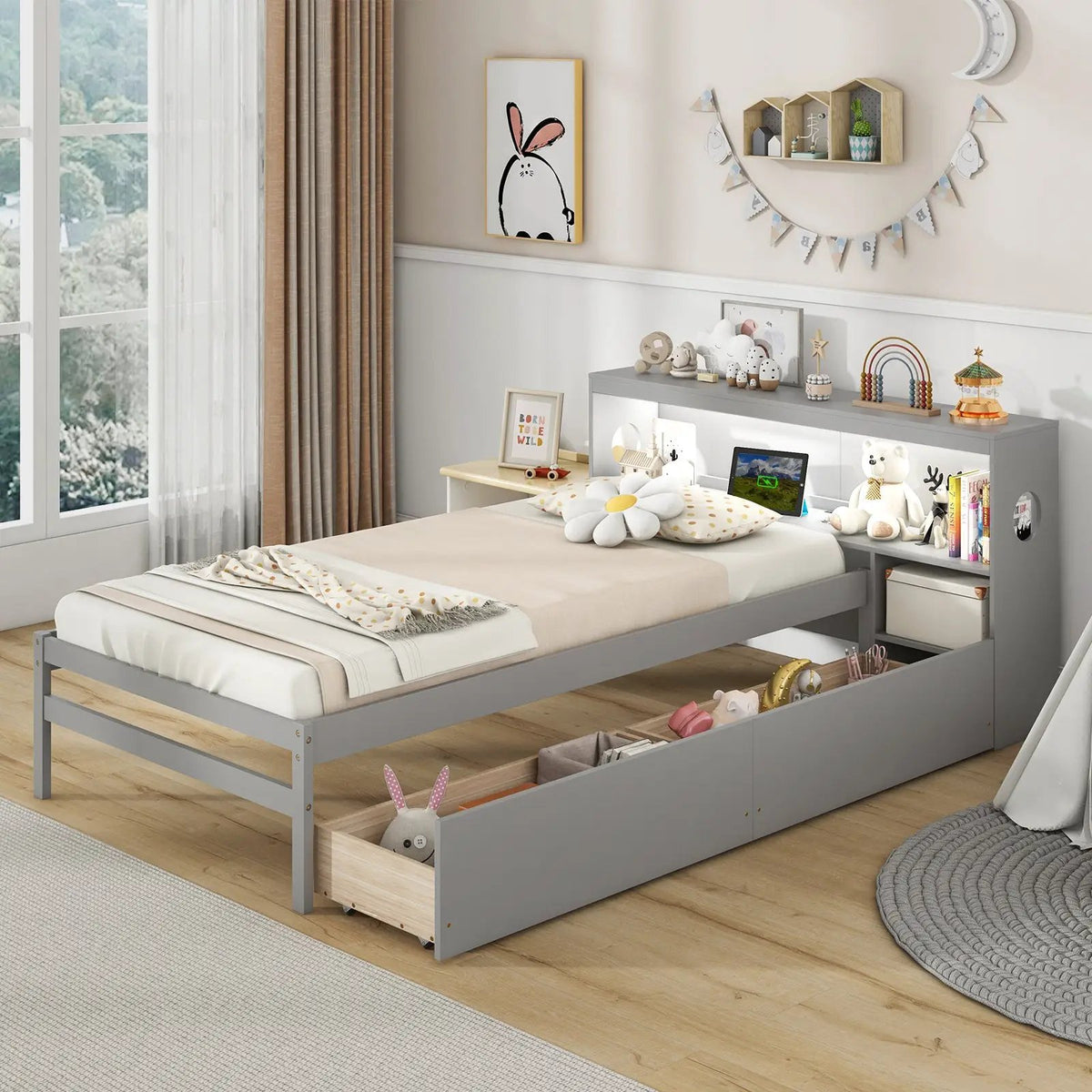 Twin Size Bed Frame with LED Light and Bookcase Headboard