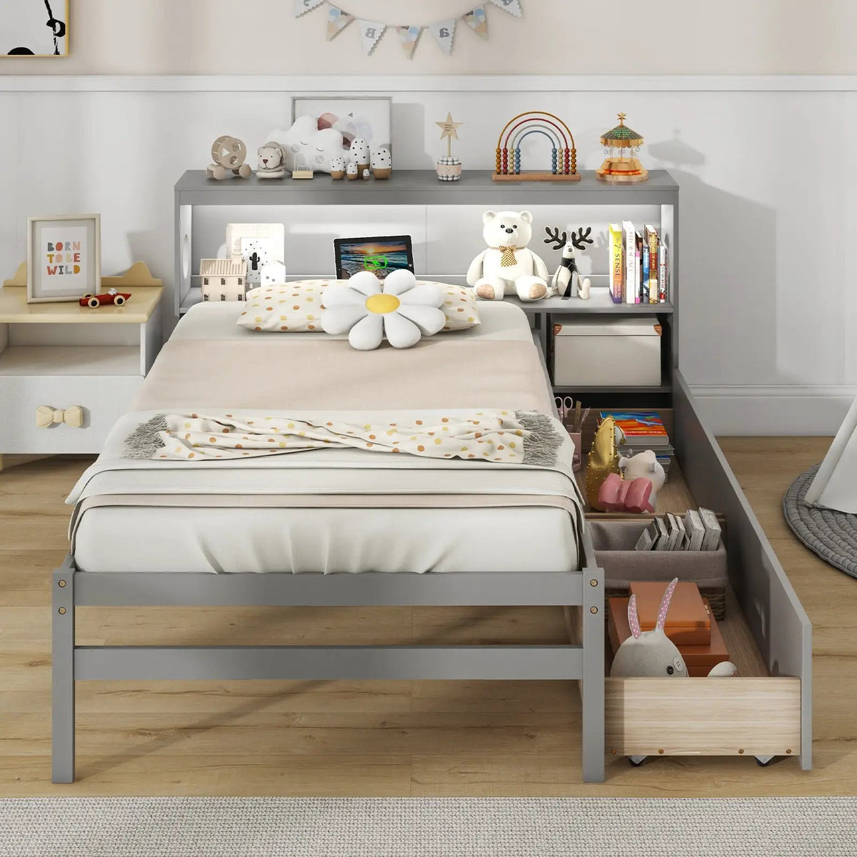 Twin Size Bed Frame with LED Light and Bookcase Headboard, photo 2 of 9