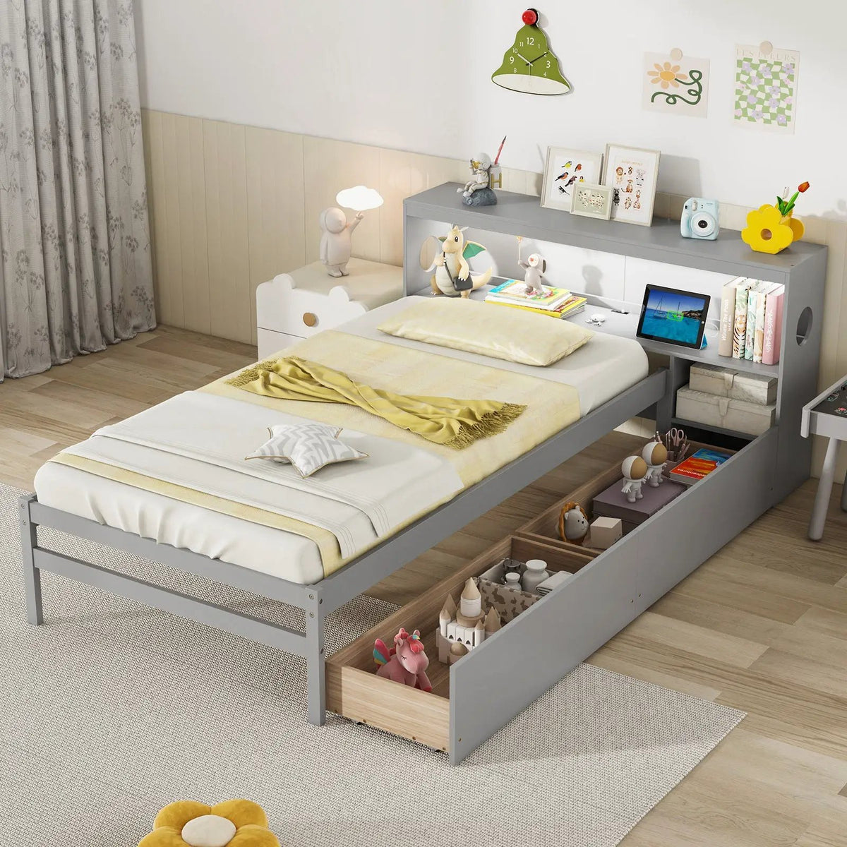 Twin Size Bed Frame with LED Light and Bookcase Headboard, photo 5 of 9