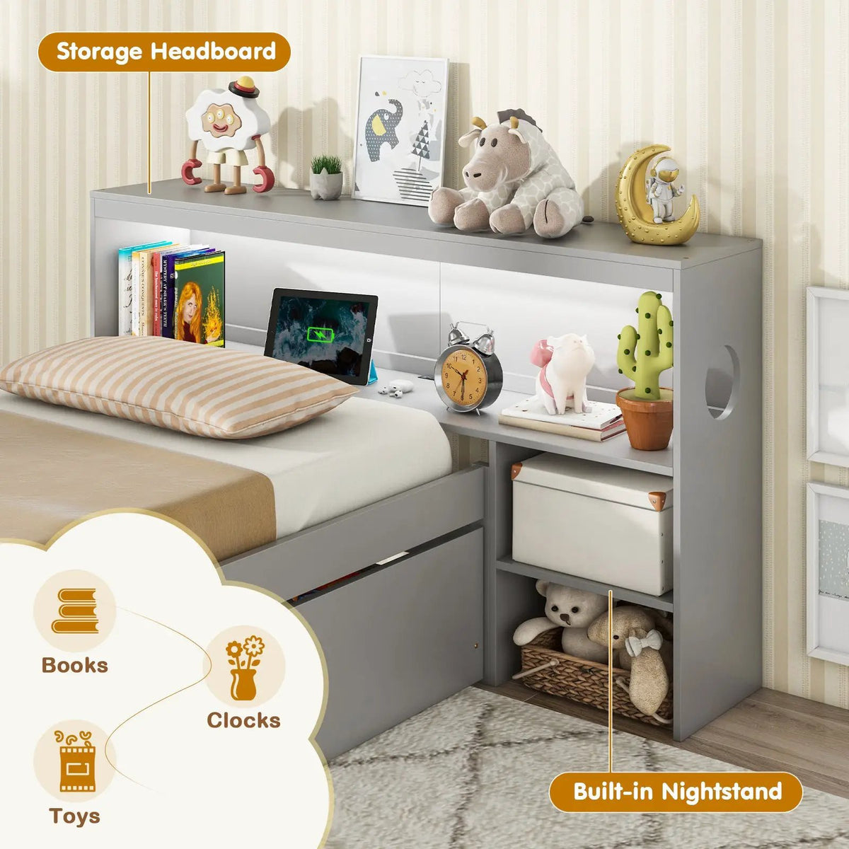 Twin Size Bed Frame with LED Light and Bookcase Headboard, photo 6 of 9