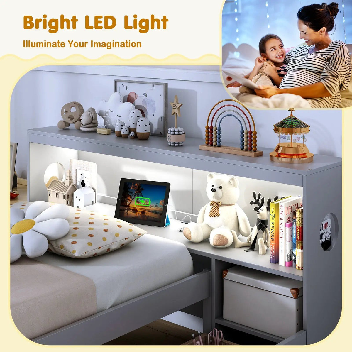Twin Size Bed Frame with LED Light and Bookcase Headboard, photo 7 of 9