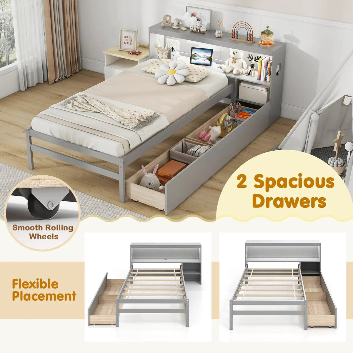 Twin Size Bed Frame with LED Light and Bookcase Headboard, photo 8 of 9