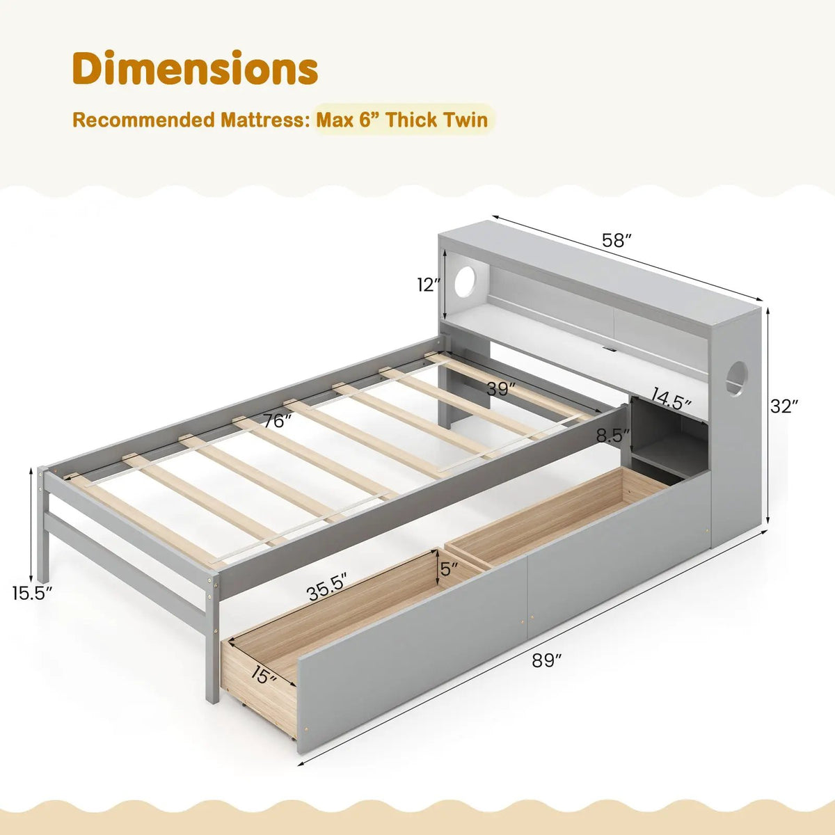 Twin Size Bed Frame with LED Light and Bookcase Headboard, photo 4 of 9
