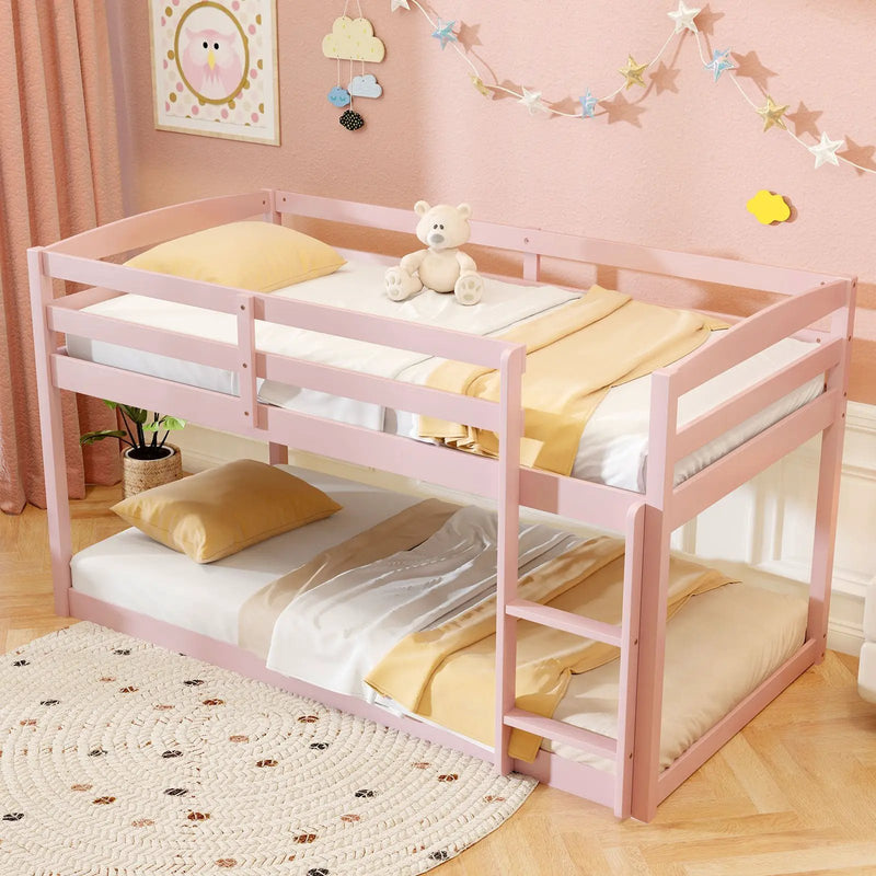 Twin Size Bunk Bed with High Guardrails and Integrated Ladder-Pink by DirectDeals