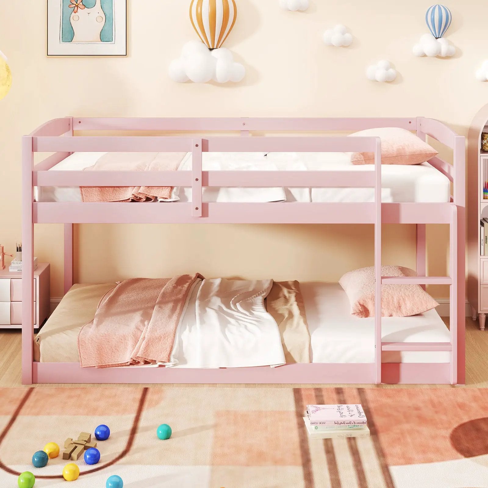 Twin Size Bunk Bed with High Guardrails and Integrated Ladder-Pink by DirectDeals