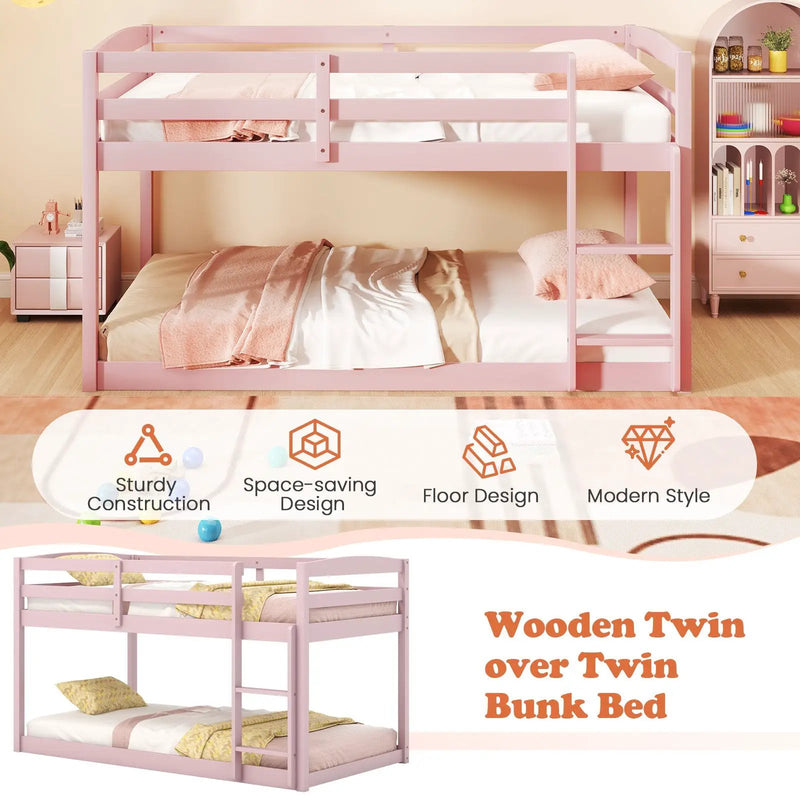 Twin Size Bunk Bed with High Guardrails and Integrated Ladder-Pink by DirectDeals