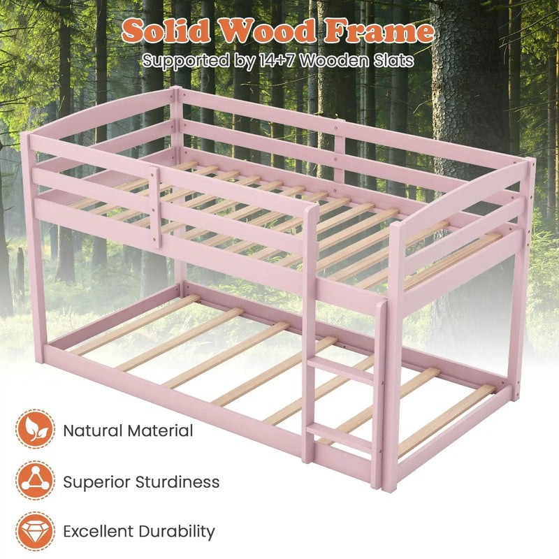 Twin Size Bunk Bed with High Guardrails and Integrated Ladder-Pink by DirectDeals
