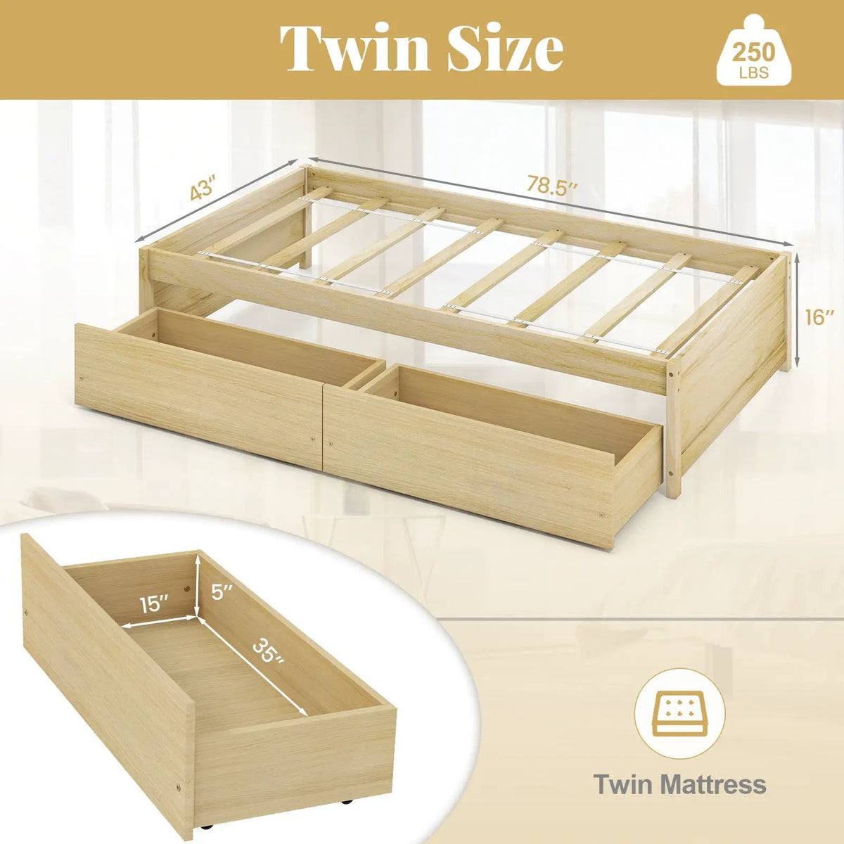 Twin Size Captain Bed with 2 Drawers and Slats Support, photo 4 of 9