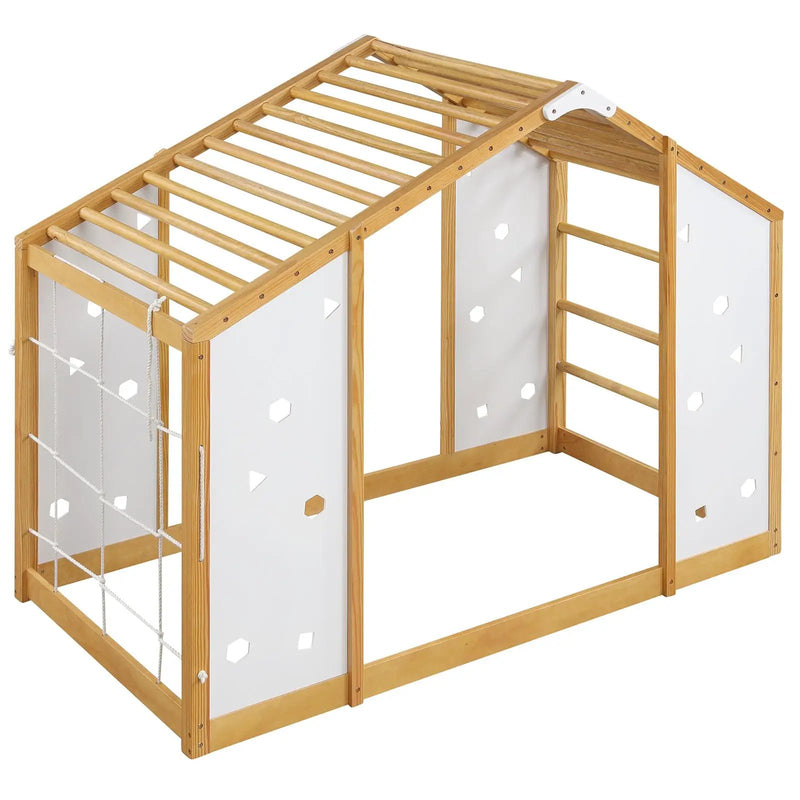 Twin Size Climbing Bed 2-in-1 Montessori Floor Bed with Monkey Bars-Natural and White by DirectDeals