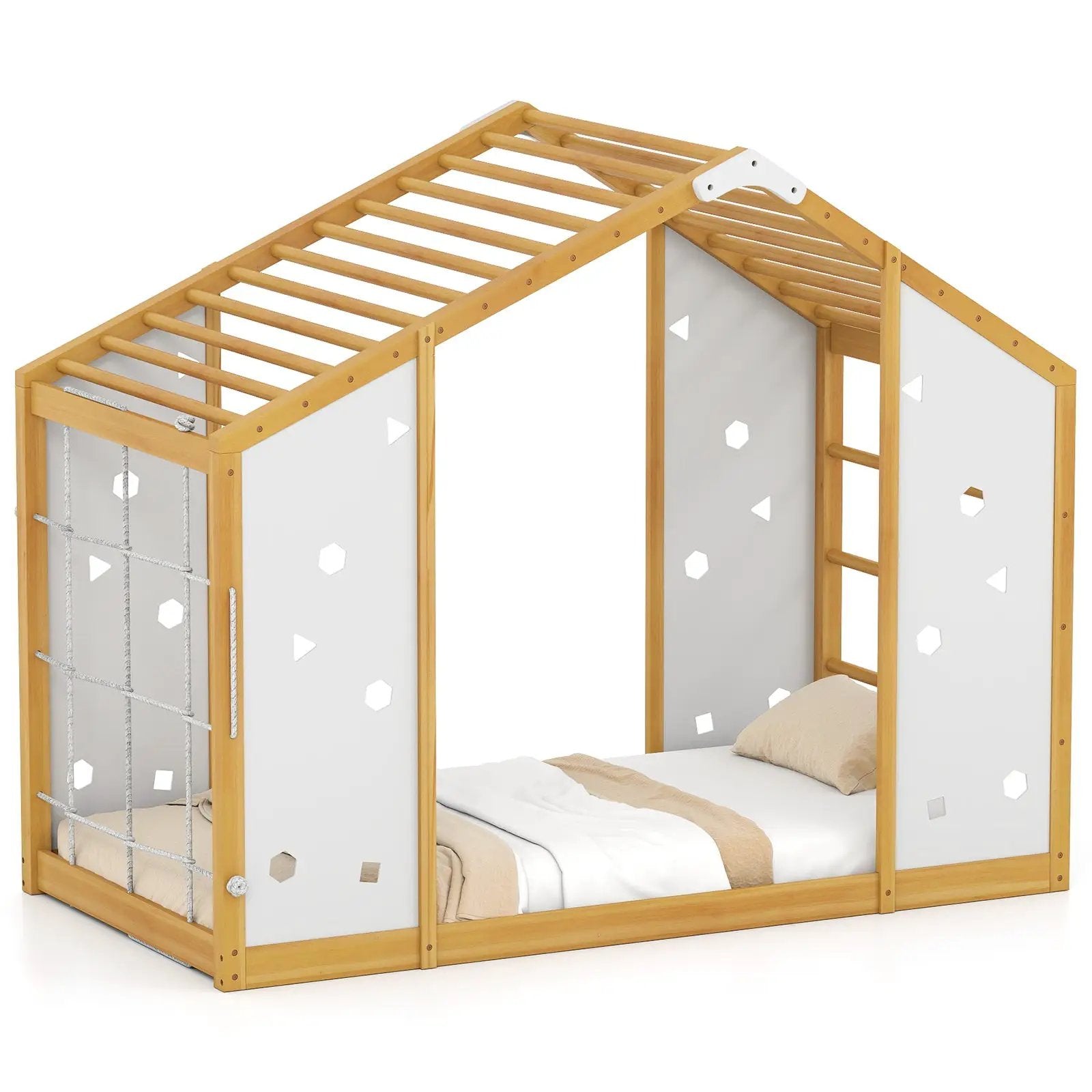 Twin Size Climbing Bed 2-in-1 Montessori Floor Bed with Monkey Bars-Natural and White by DirectDeals