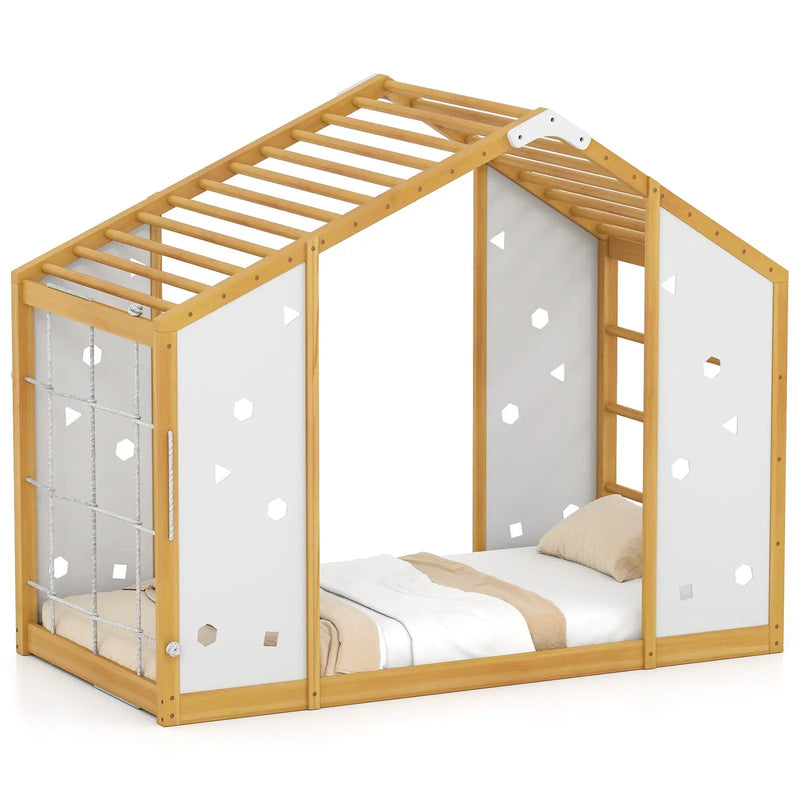 Twin Size Climbing Bed 2-in-1 Montessori Floor Bed with Monkey Bars-Natural and White by DirectDeals