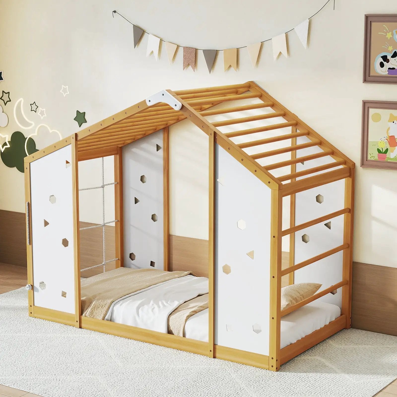 Twin Size Climbing Bed 2-in-1 Montessori Floor Bed with Monkey Bars-Natural and White by DirectDeals