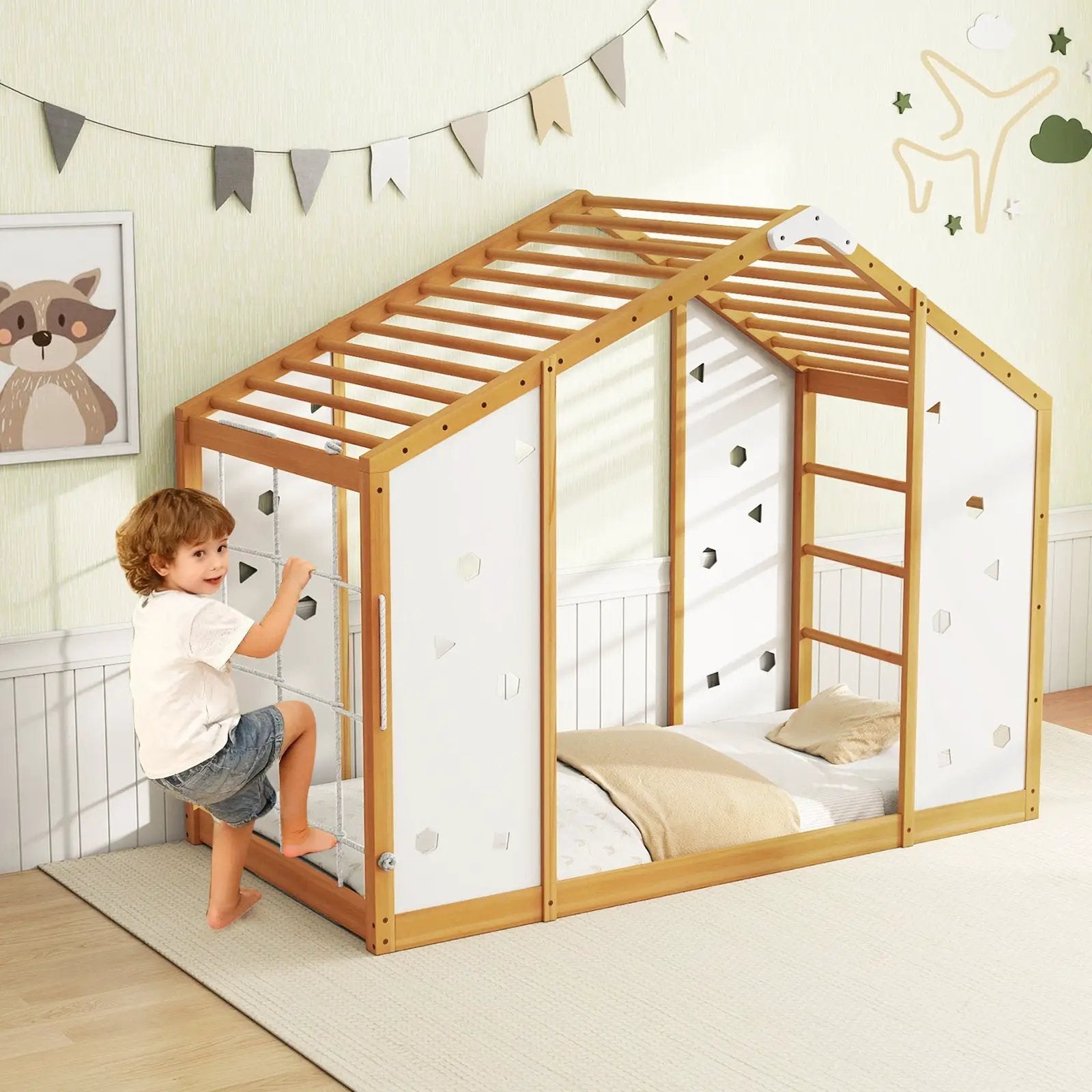 Twin Size Climbing Bed 2-in-1 Montessori Floor Bed with Monkey Bars-Natural and White by DirectDeals