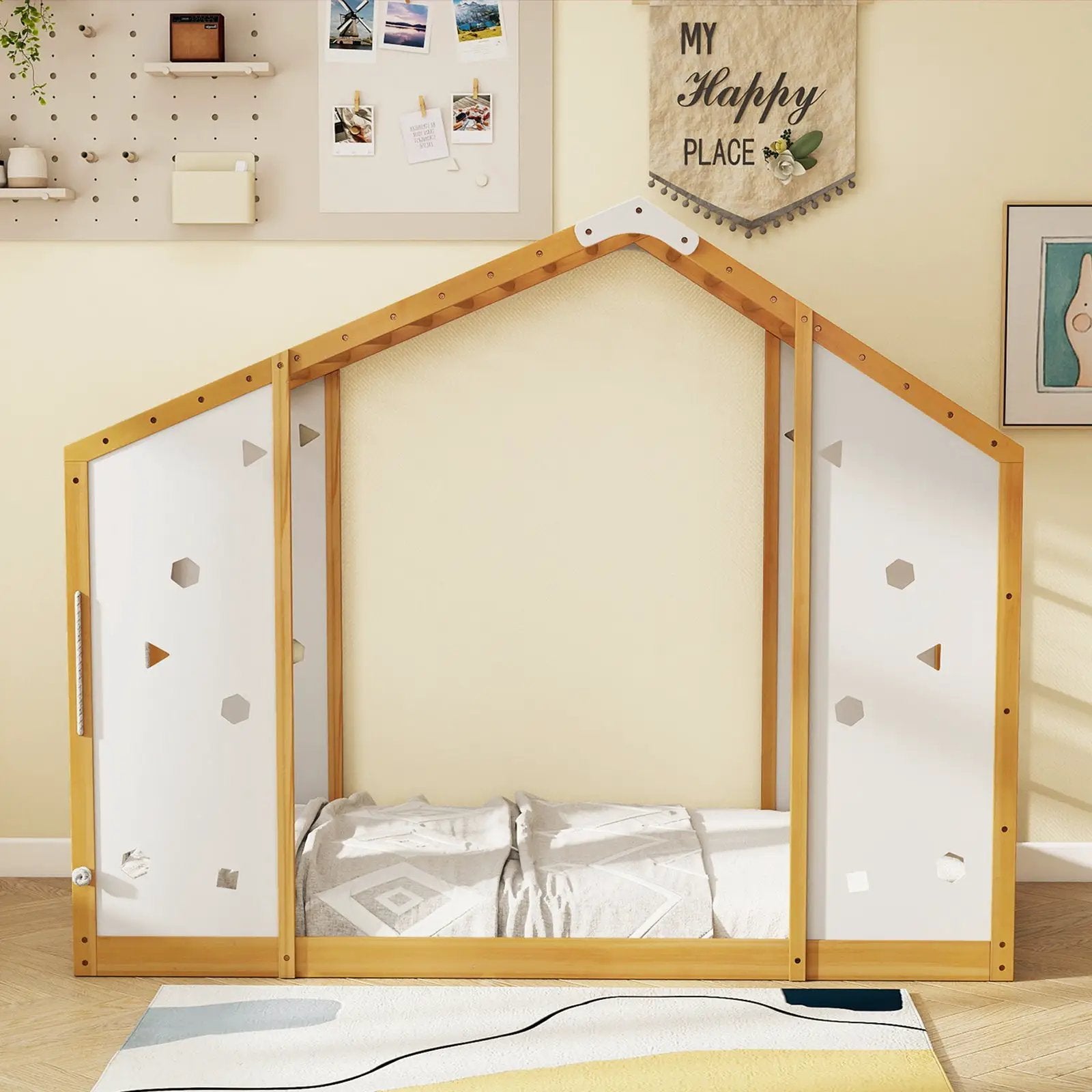 Twin Size Climbing Bed 2-in-1 Montessori Floor Bed with Monkey Bars-Natural and White by DirectDeals