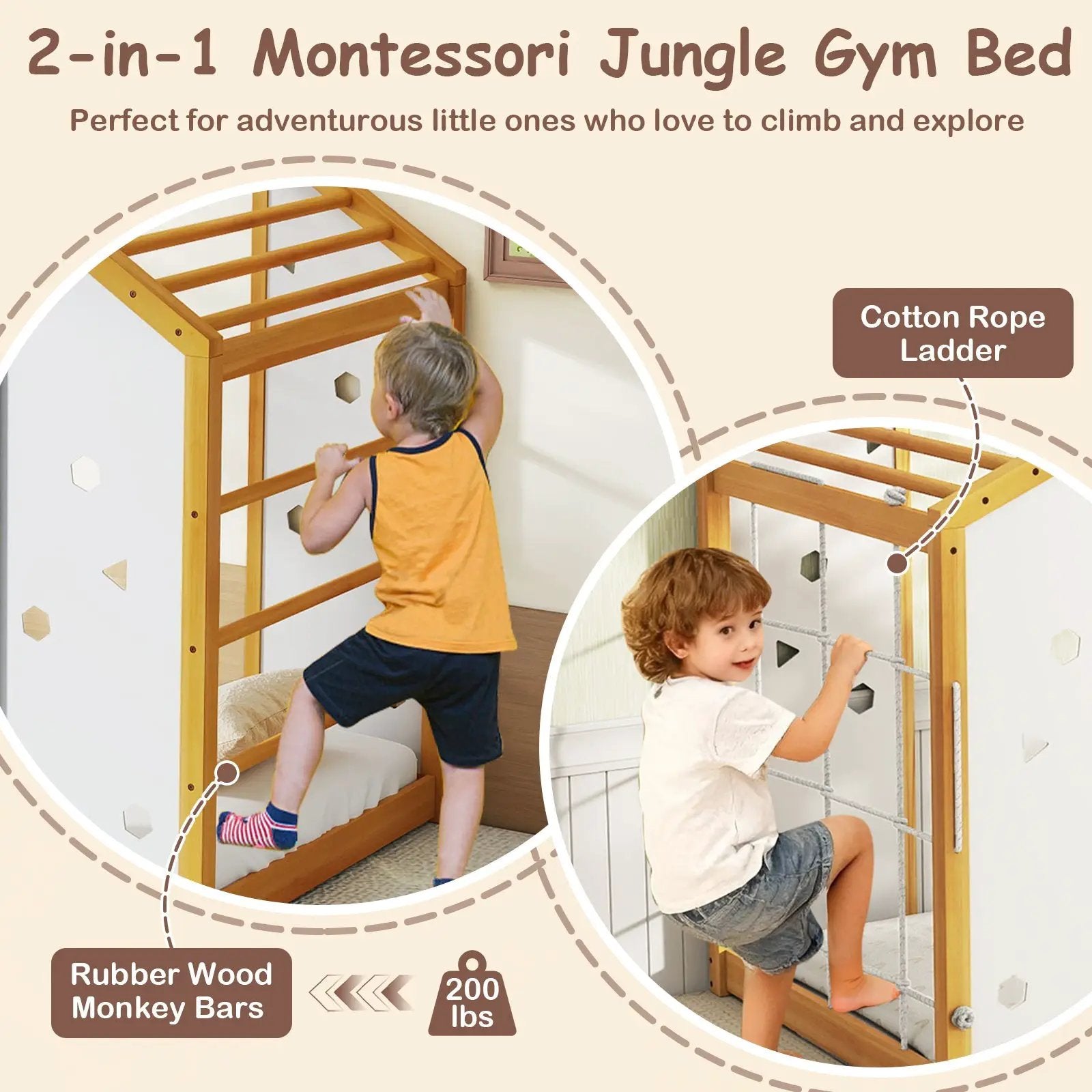 Twin Size Climbing Bed 2-in-1 Montessori Floor Bed with Monkey Bars-Natural and White by DirectDeals