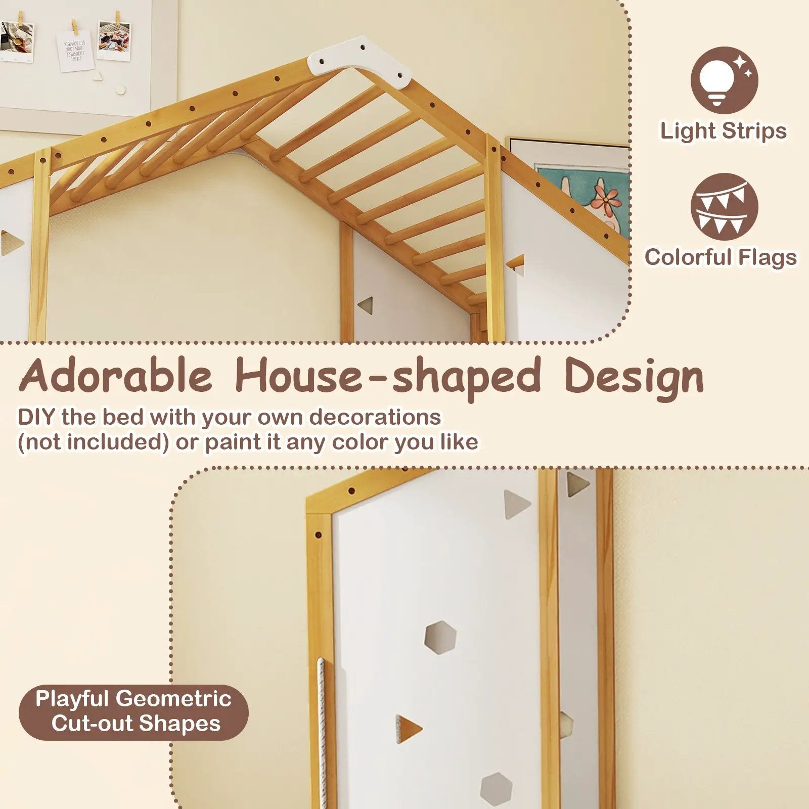 Twin Size Climbing Bed 2-in-1 Montessori Floor Bed with Monkey Bars-Natural and White by DirectDeals