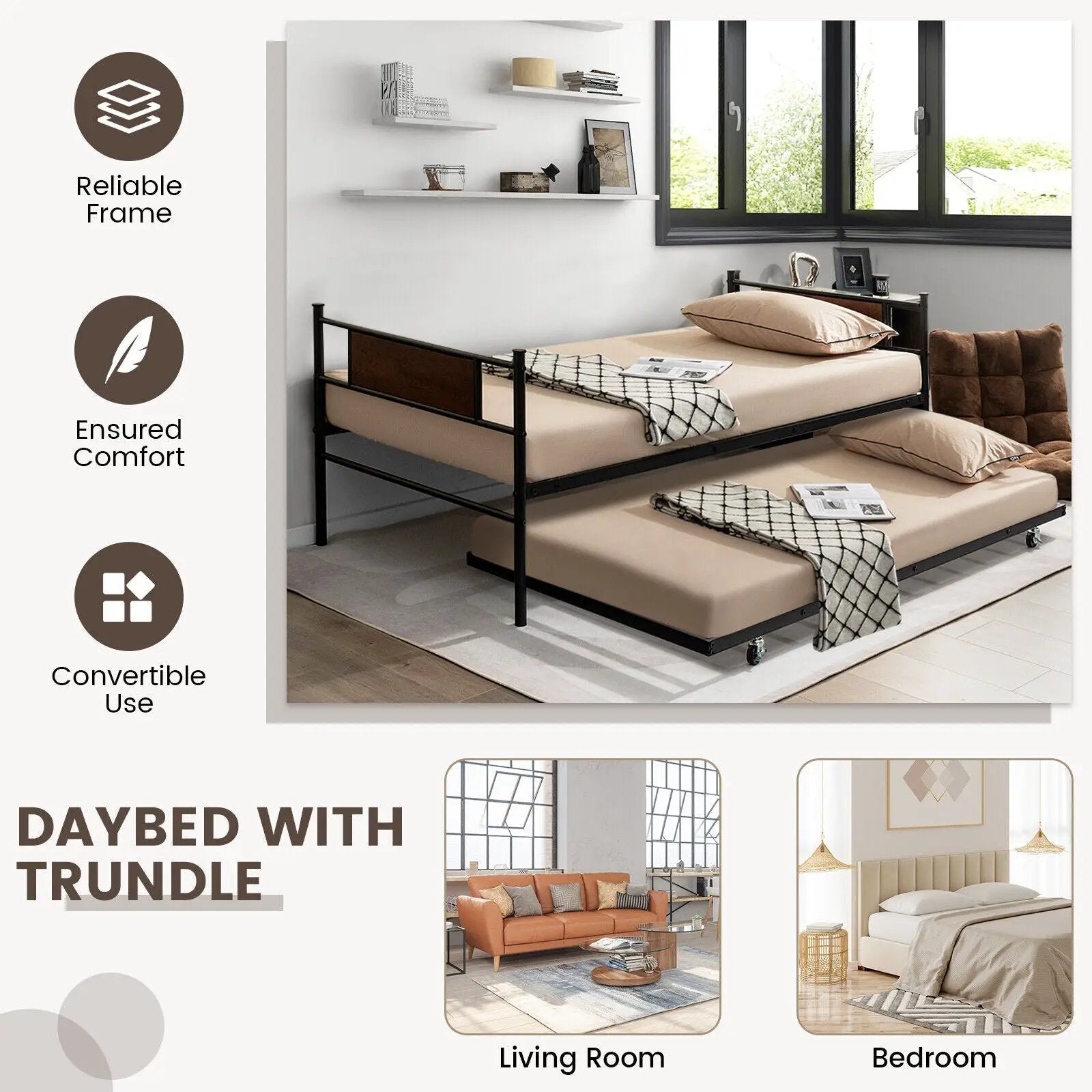 Twin Size 2-In-1 Daybed Frame with Pullout Trundle by DirectDeals