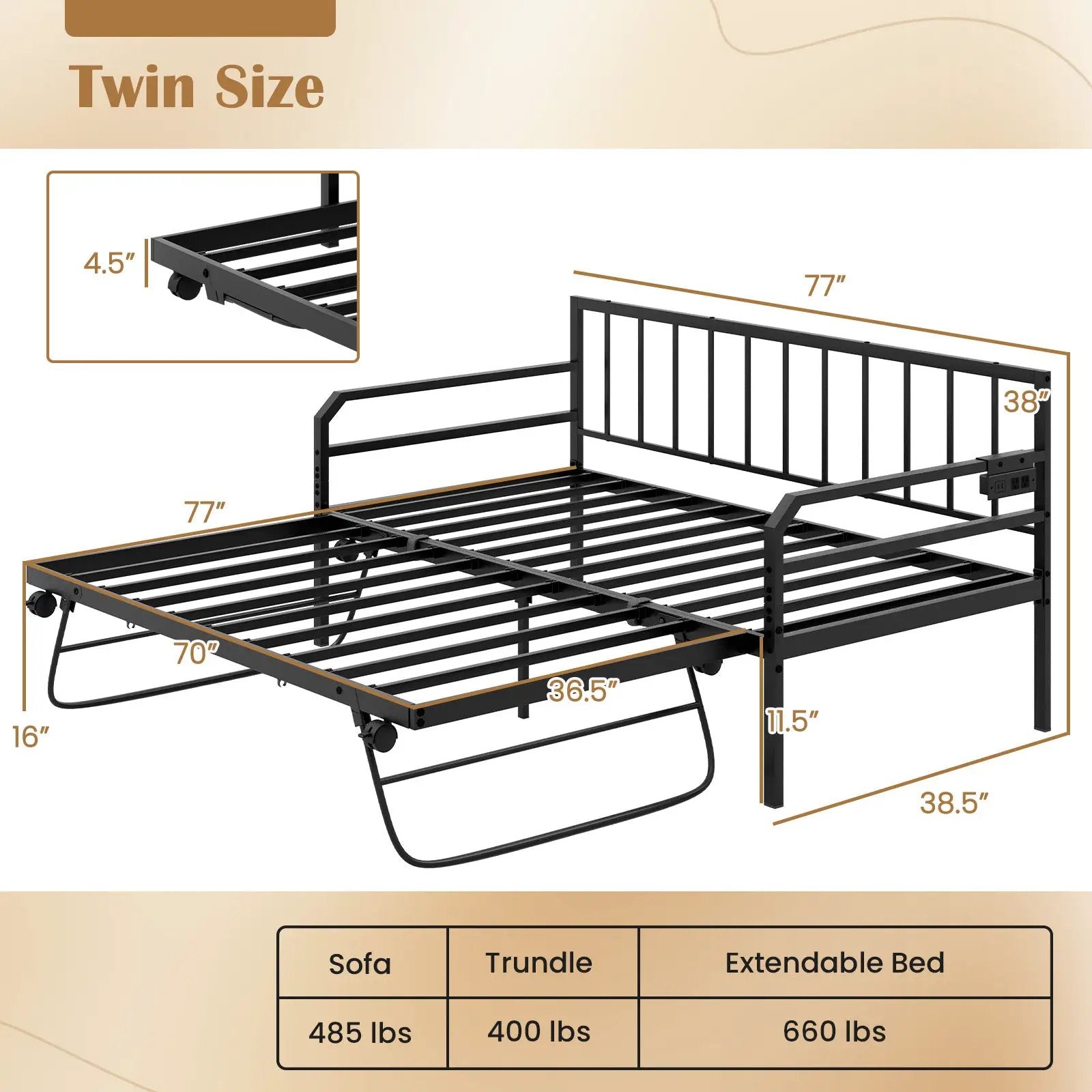 Adjustable Metal Twin Size Daybed with Charging Station and LED Light by DirectDeals