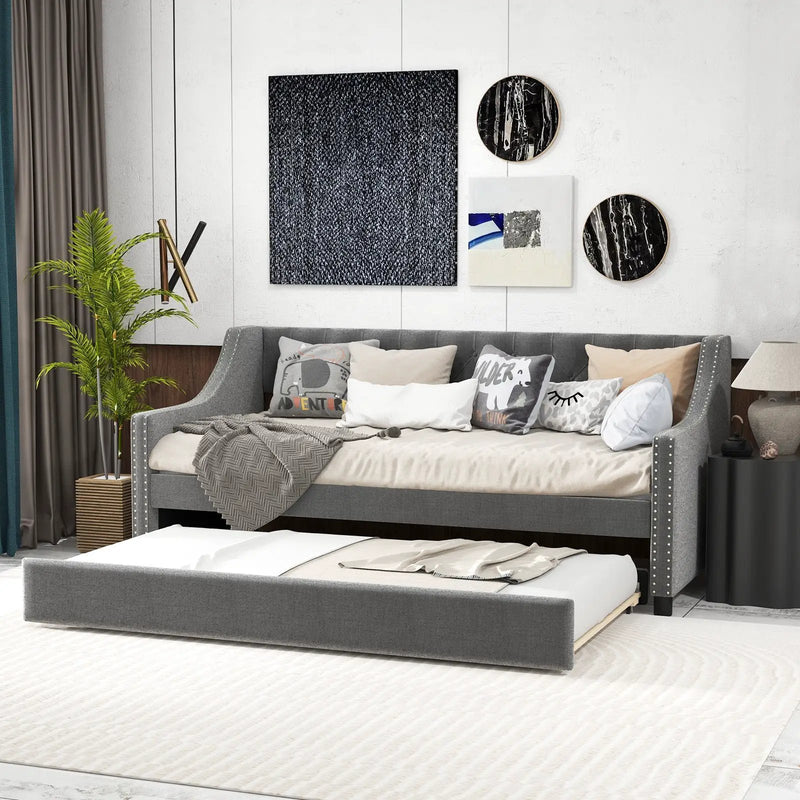 Twin Size Daybed with Trundle Sofa Bed with Curved Armrests and Backrest-Gray by DirectDeals