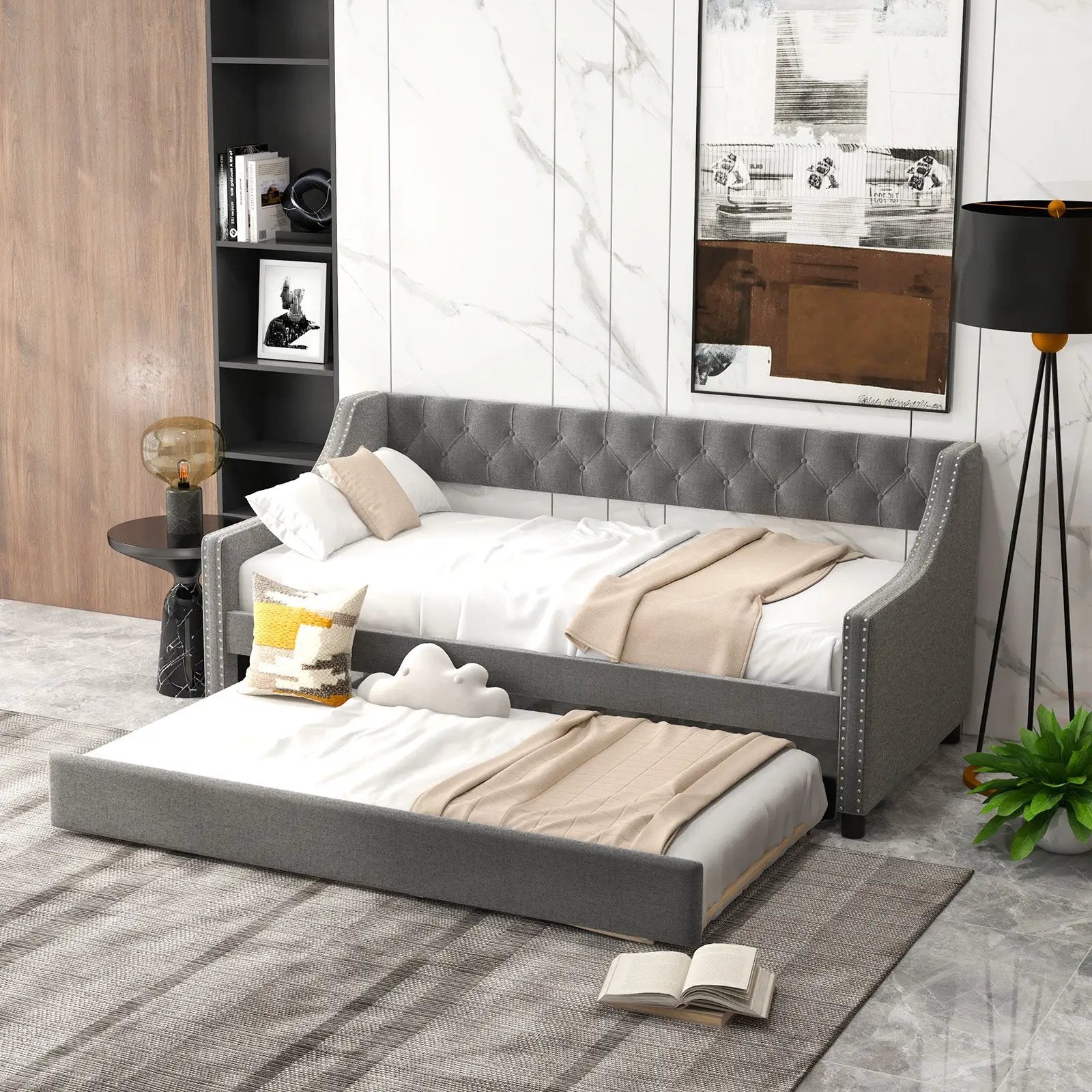 Twin Size Daybed with Trundle Sofa Bed with Curved Armrests and Backrest-Gray by DirectDeals