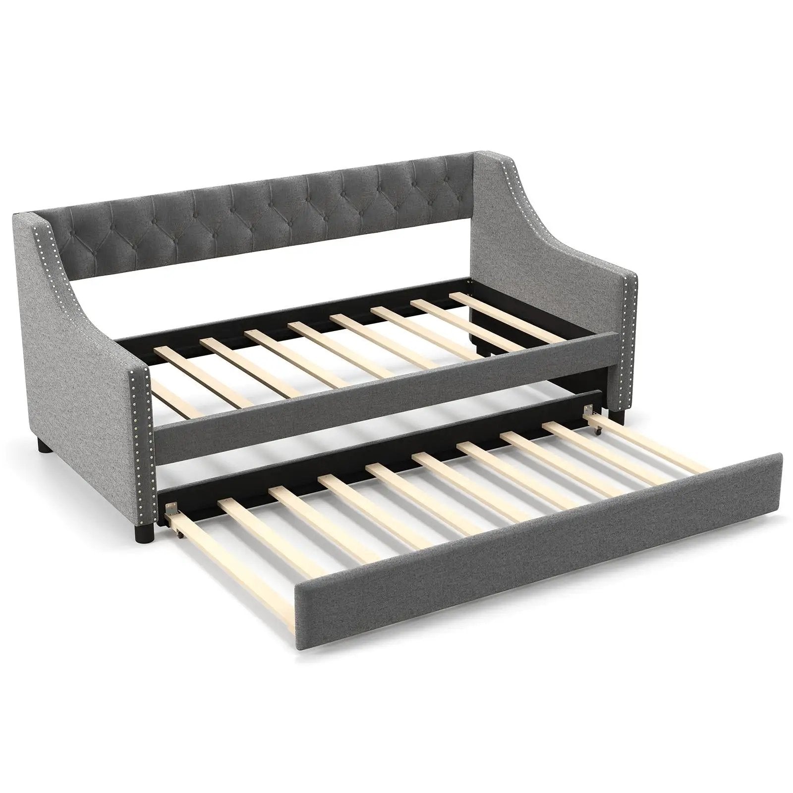 Twin Size Daybed with Trundle Sofa Bed with Curved Armrests and Backrest-Gray by DirectDeals