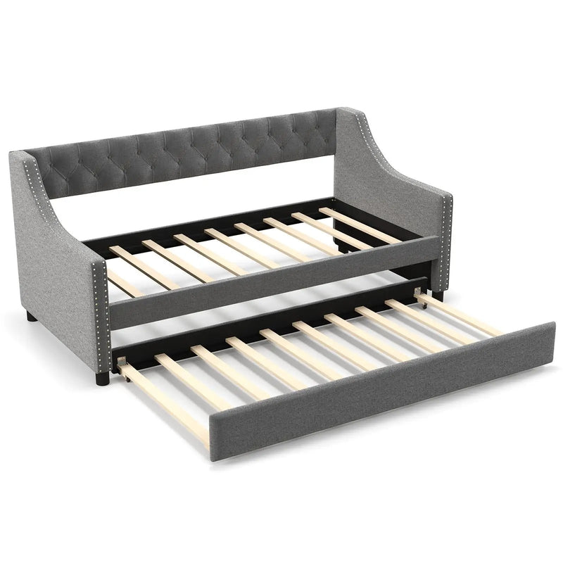 Twin Size Daybed with Trundle Sofa Bed with Curved Armrests and Backrest-Gray by DirectDeals