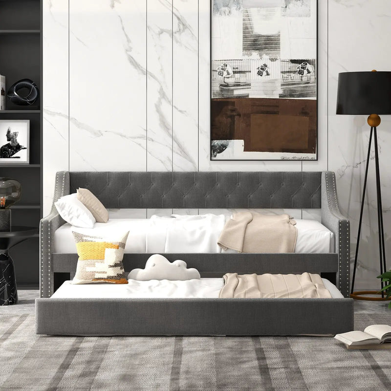 Twin Size Daybed with Trundle Sofa Bed with Curved Armrests and Backrest-Gray by DirectDeals