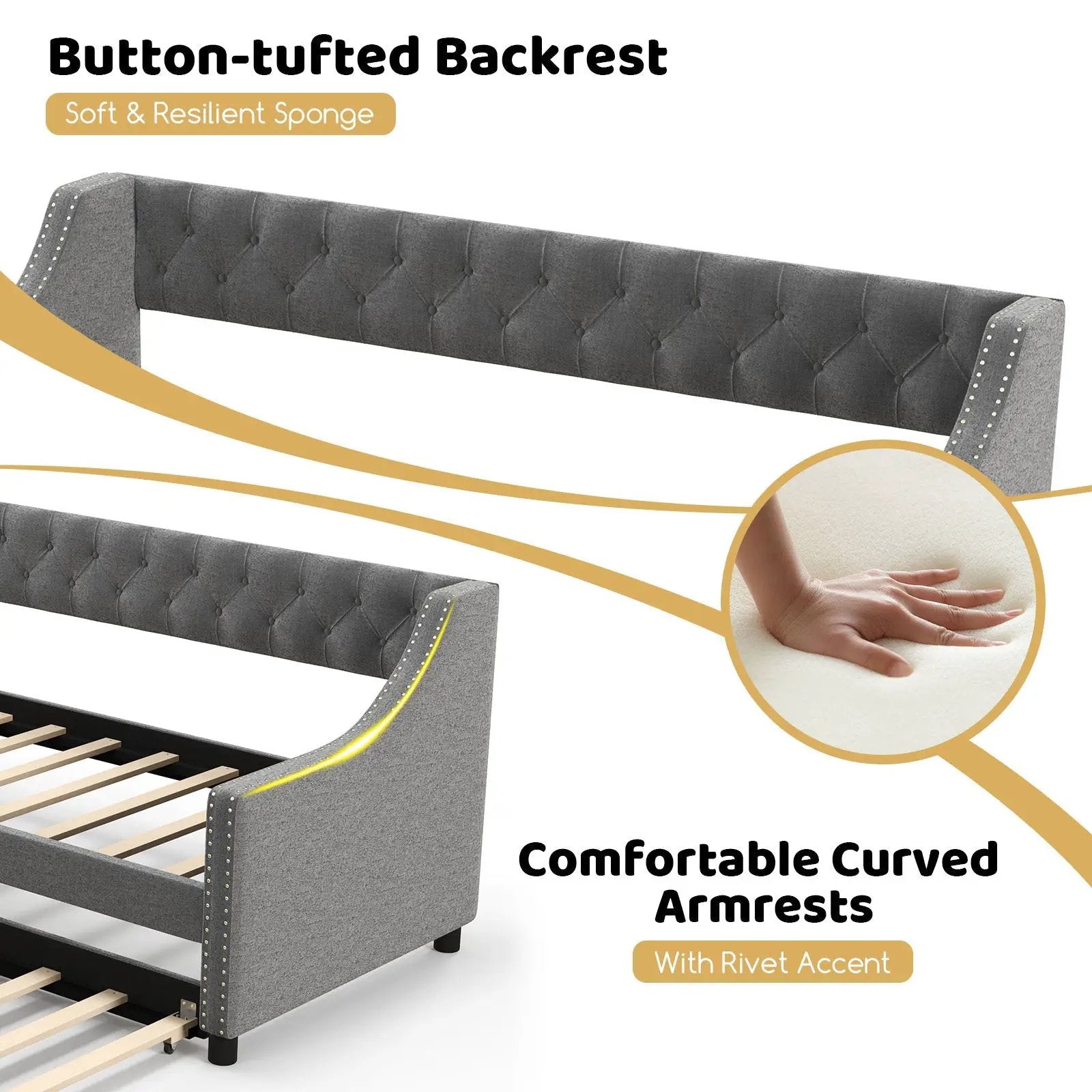 Twin Size Daybed with Trundle Sofa Bed with Curved Armrests and Backrest-Gray by DirectDeals