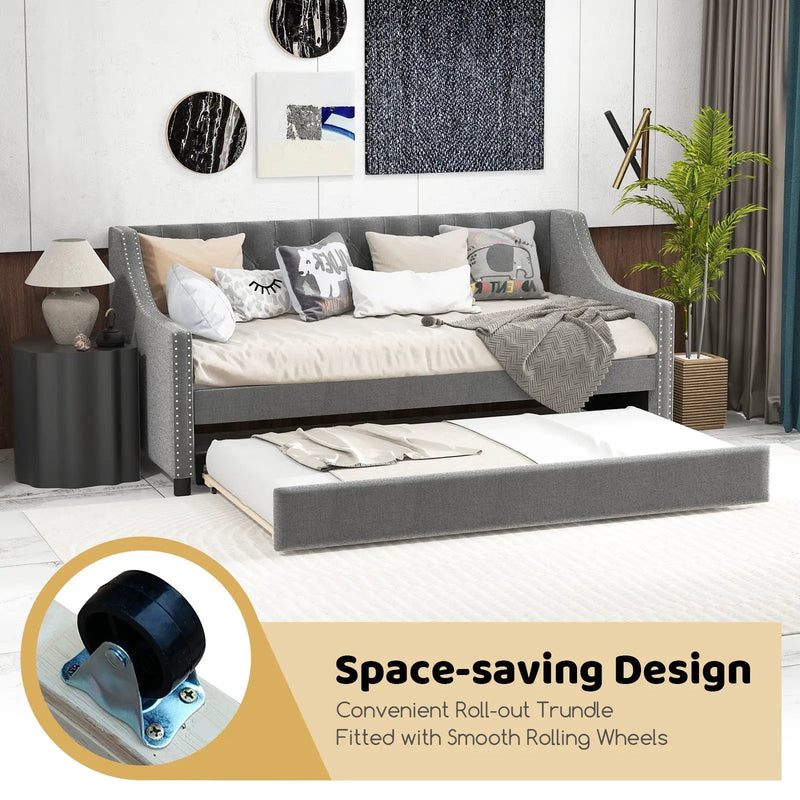 Twin Size Daybed with Trundle Sofa Bed with Curved Armrests and Backrest-Gray by DirectDeals