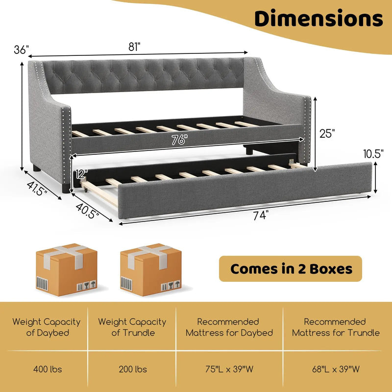 Twin Size Daybed with Trundle Sofa Bed with Curved Armrests and Backrest-Gray by DirectDeals