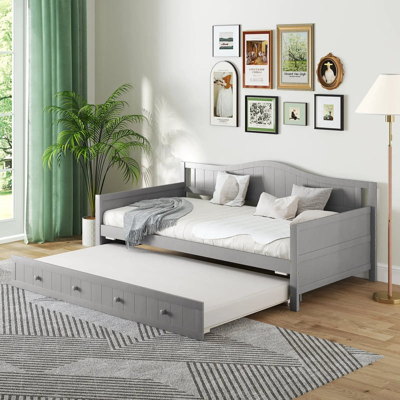 Twin Size Daybed with Trundle and Slats Support on Wheels by DirectDeals