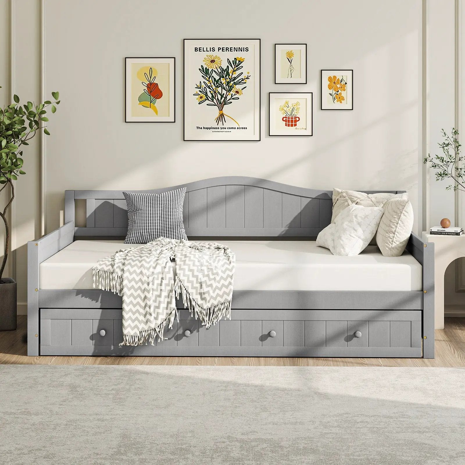 Twin Size Daybed with Trundle and Slats Support on Wheels by DirectDeals