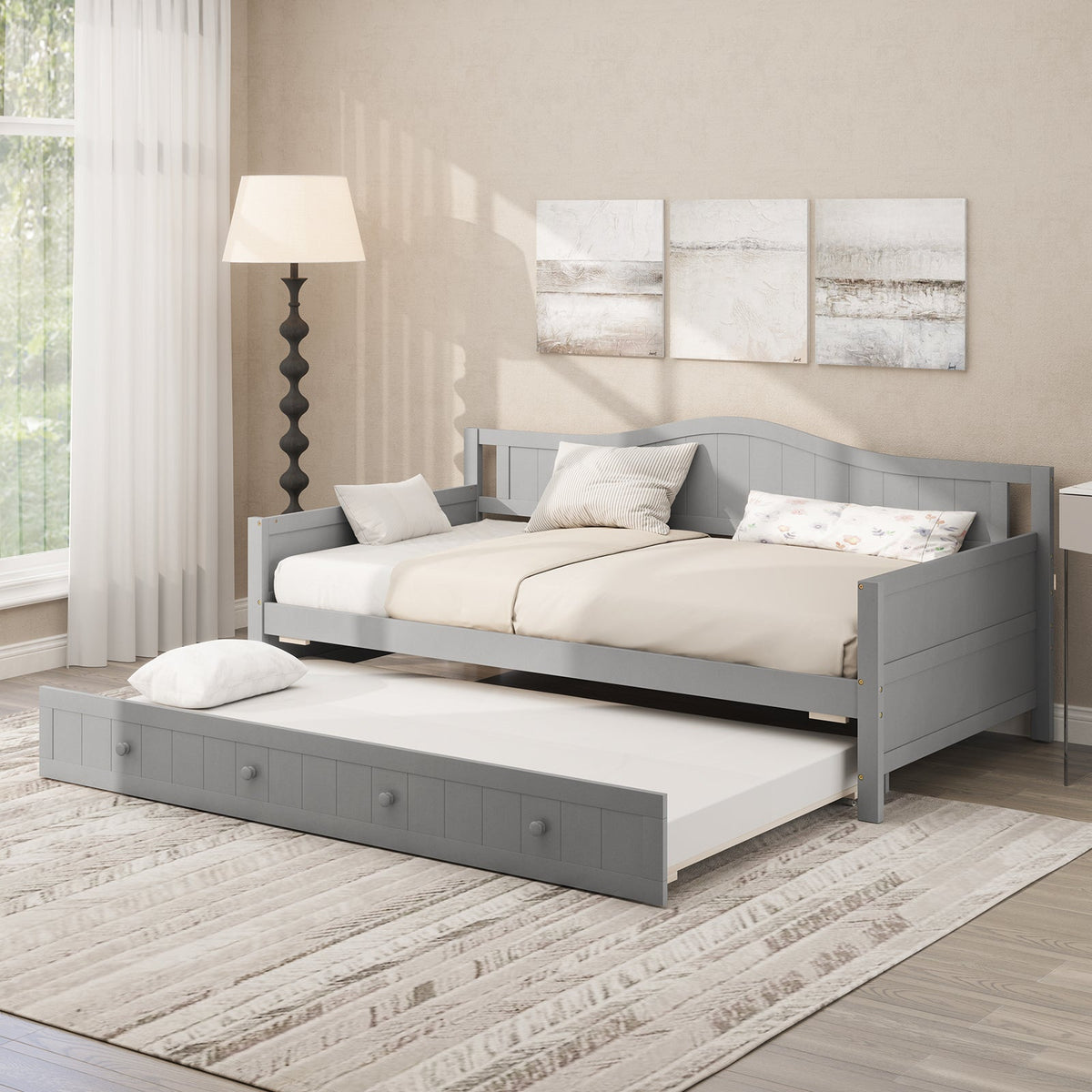 Twin Size Daybed with Trundle and Slats Support on Wheels, photo 5 of 9