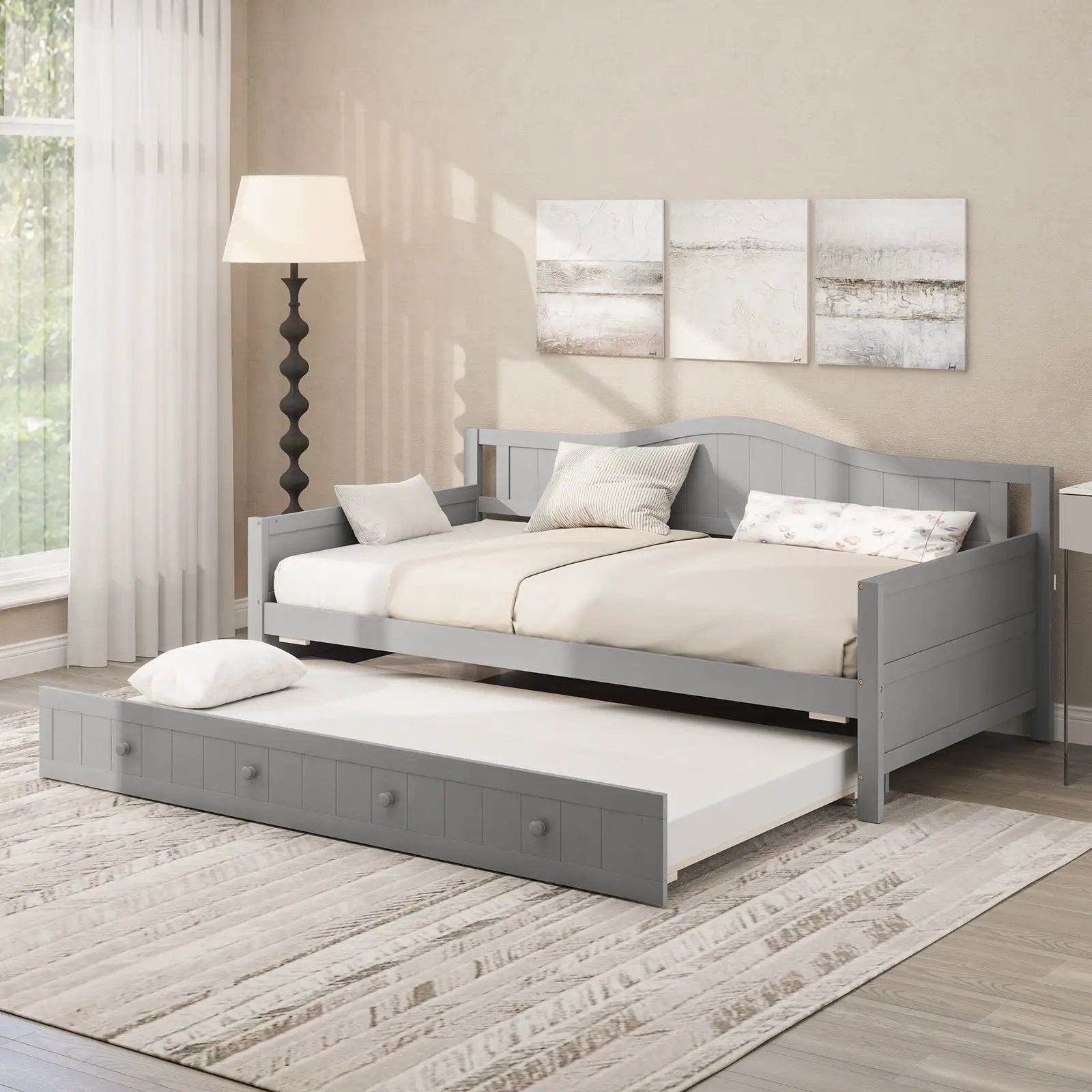 Twin Size Daybed with Trundle and Slats Support on Wheels by DirectDeals