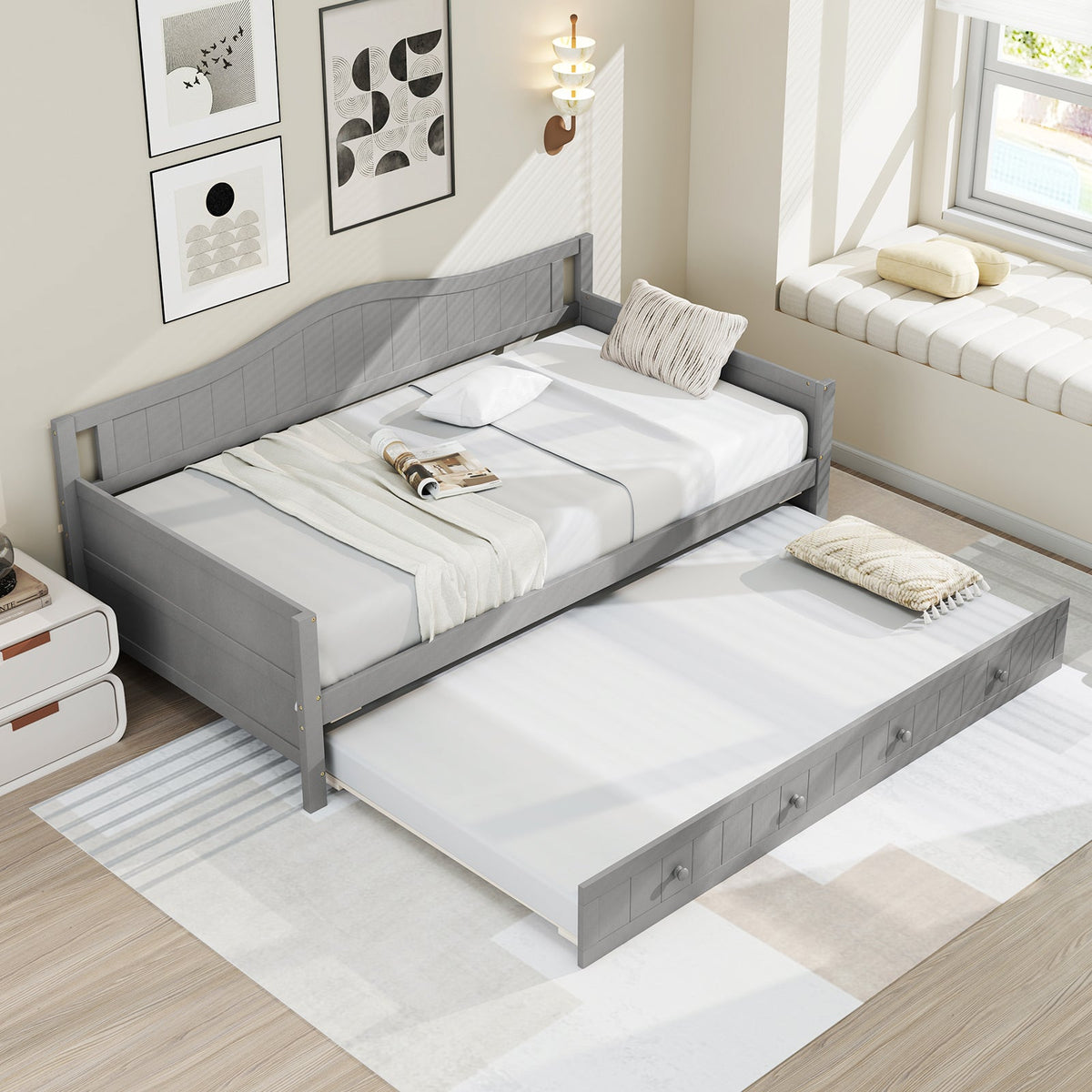 Twin Size Daybed with Trundle and Slats Support on Wheels, photo 6 of 9