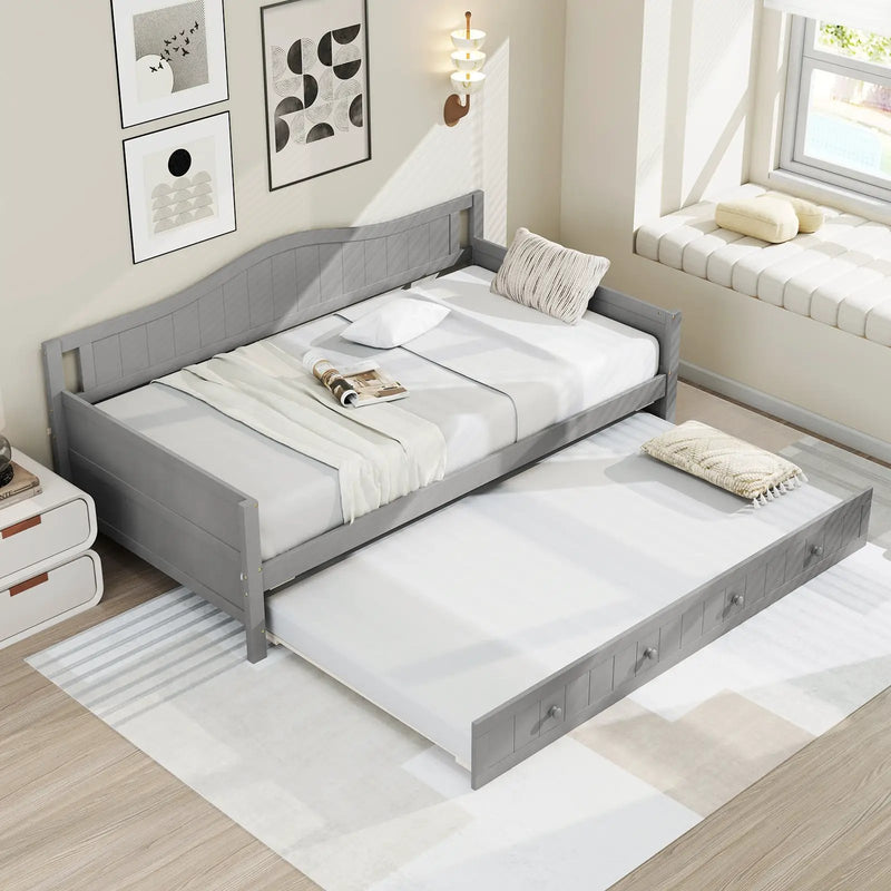 Twin Size Daybed with Trundle and Slats Support on Wheels by DirectDeals