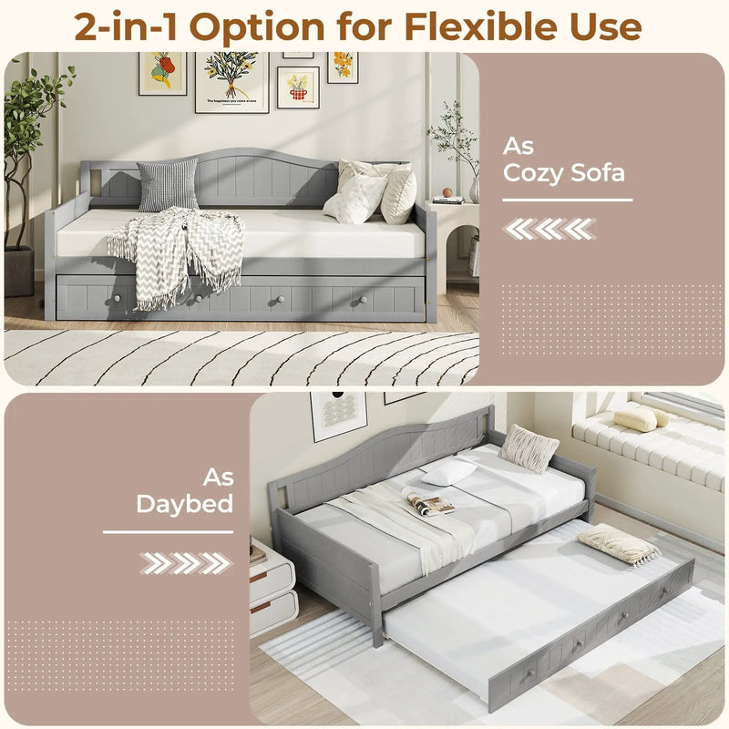 Twin Size Daybed with Trundle and Slats Support on Wheels by DirectDeals