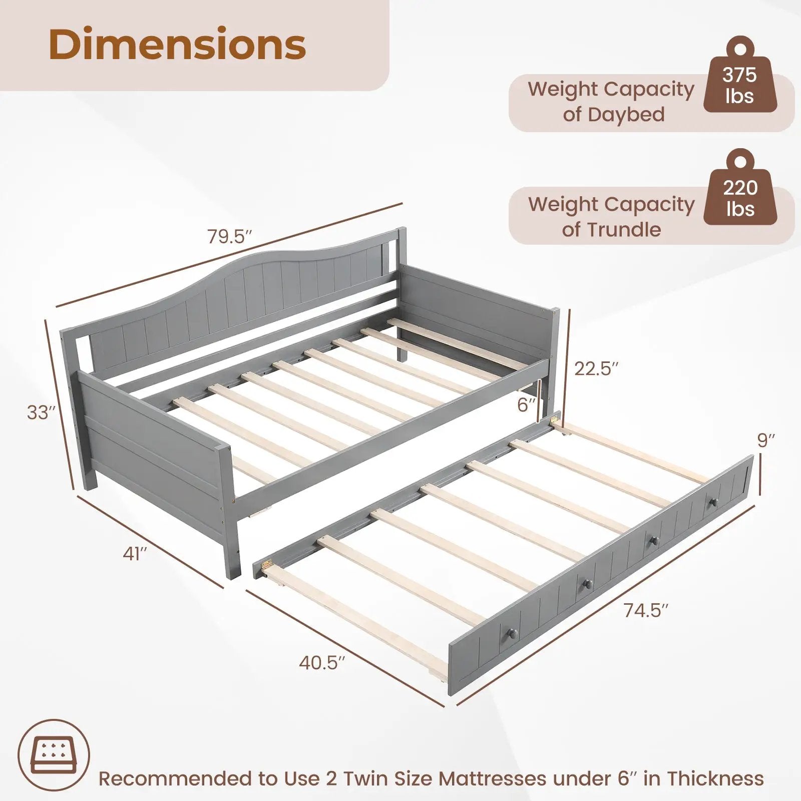 Twin Size Daybed with Trundle and Slats Support on Wheels by DirectDeals