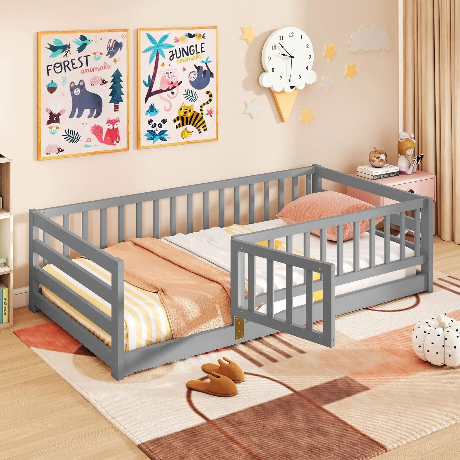 Twin Size Floor Bed with High Fence and Door Playhouse for Kids by DirectDeals