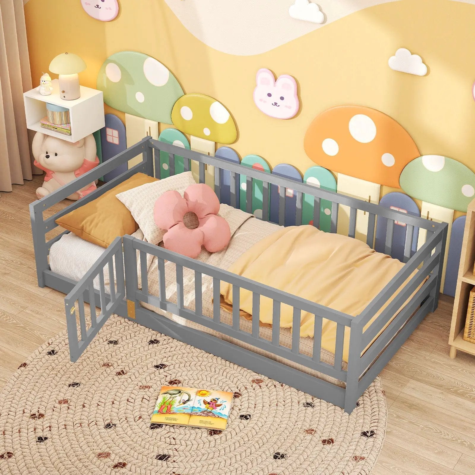 Twin Size Floor Bed with High Fence and Door Playhouse for Kids by DirectDeals