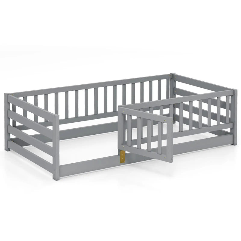Twin Size Floor Bed with High Fence and Door Playhouse for Kids by DirectDeals