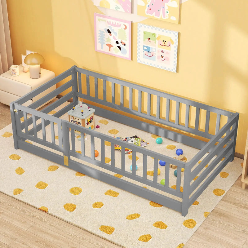 Twin Size Floor Bed with High Fence and Door Playhouse for Kids by DirectDeals