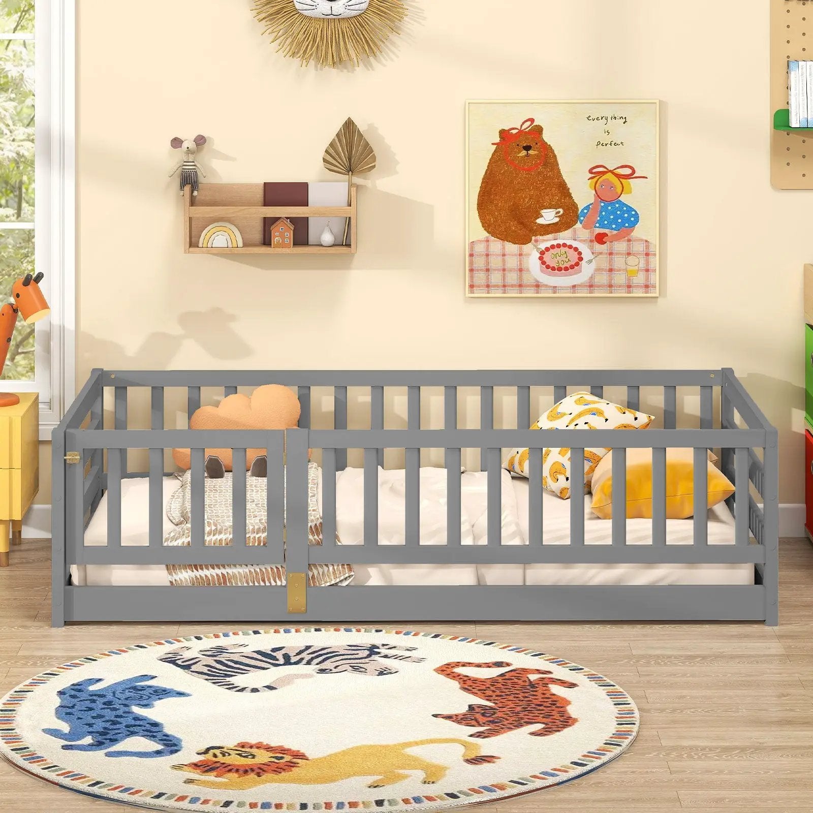 Twin Size Floor Bed with High Fence and Door Playhouse for Kids by DirectDeals