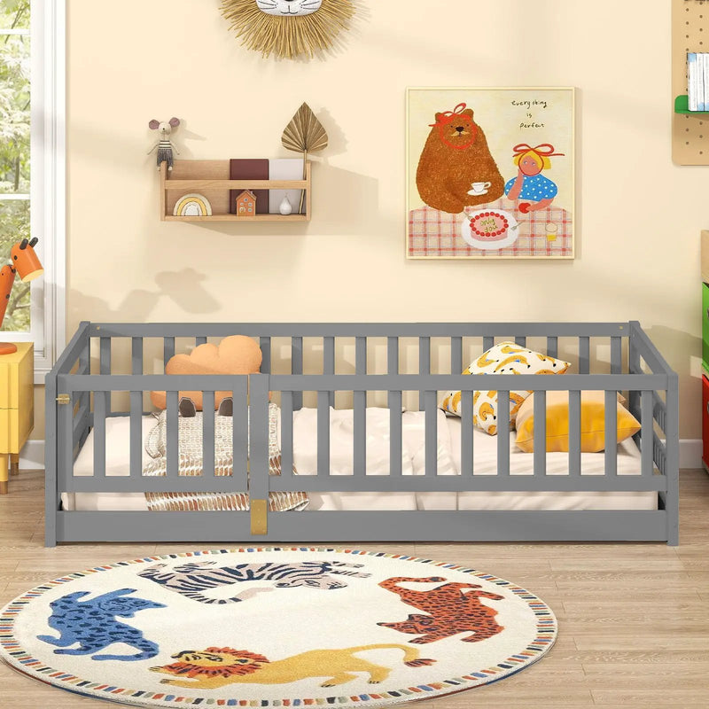 Twin Size Floor Bed with High Fence and Door Playhouse for Kids by DirectDeals