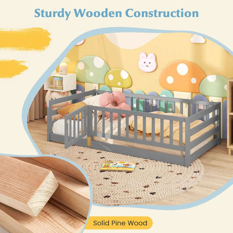 Twin Size Floor Bed with High Fence and Door Playhouse for Kids by DirectDeals