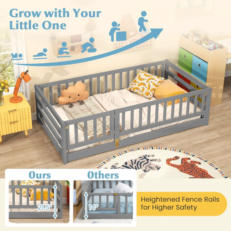 Twin Size Floor Bed with High Fence and Door Playhouse for Kids by DirectDeals