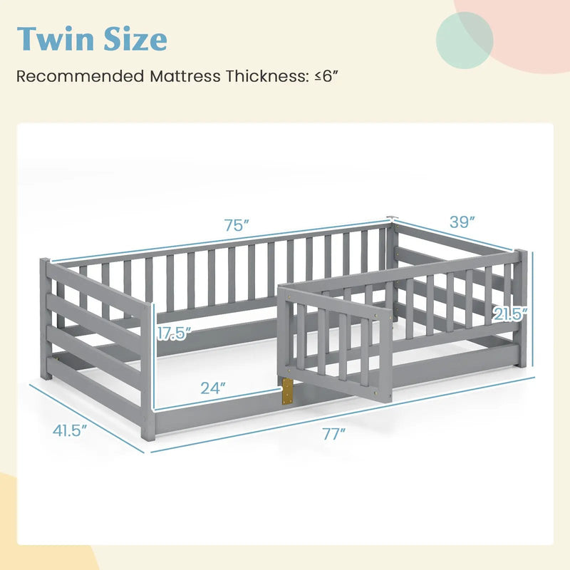 Twin Size Floor Bed with High Fence and Door Playhouse for Kids by DirectDeals